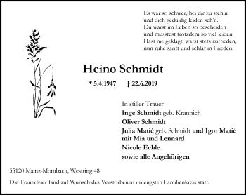 Traueranzeige von Heino Schmidt von vrm-trauer