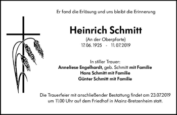 Traueranzeige von Heinrich Schmitt von vrm-trauer