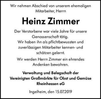 Traueranzeige von Heinz Zimmer von vrm-trauer