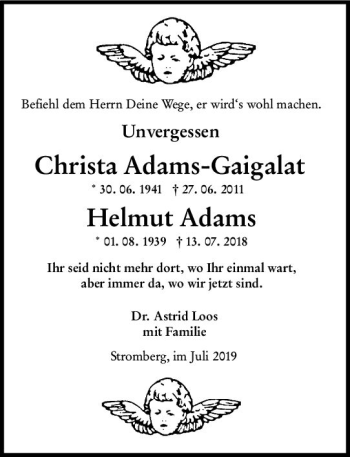 Traueranzeige von Helmut Adams von vrm-trauer