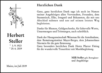 Traueranzeige von Herbert Steller von vrm-trauer
