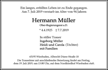 Traueranzeige von Hermann Müller von vrm-trauer