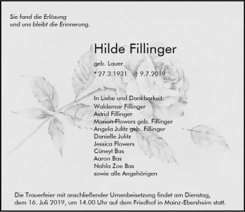 Traueranzeige von Hilde Fillinger von vrm-trauer