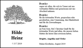Traueranzeige von Hilde Heinz von vrm-trauer
