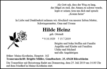 Traueranzeige von Hilde Heinz von vrm-trauer
