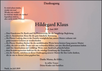 Traueranzeige von Hildegard Klaus von vrm-trauer