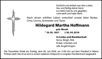 Traueranzeige von Hildegard Martha Hoffmann von vrm-trauer