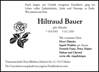 Traueranzeige von Hiltraud Bauer von vrm-trauer