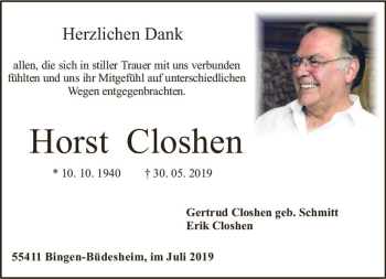 Traueranzeige von Horst Closhen von vrm-trauer