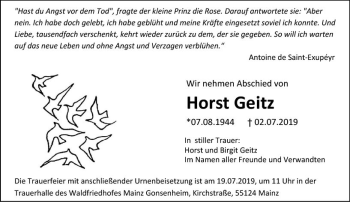 Traueranzeige von Horst Geitz von vrm-trauer