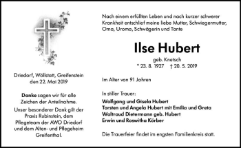 Traueranzeige von Ilse Hubert von  Dill Block ()