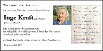 Traueranzeige von Inge Kraft von vrm-trauer