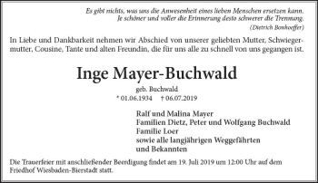 Traueranzeige von Inge Mayer-Buchwald von vrm-trauer