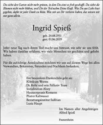 Traueranzeige von Ingrid Spieß von vrm-trauer