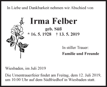Traueranzeige von Irma Felber von vrm-trauer