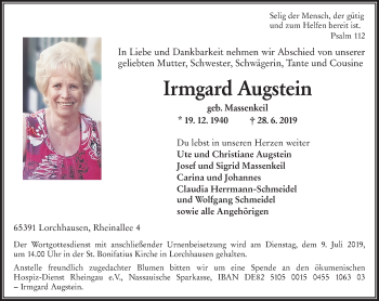 Traueranzeige von Irmgard Augstein von vrm-trauer