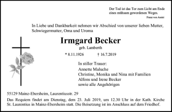 Traueranzeige von Irmgard Becker von vrm-trauer