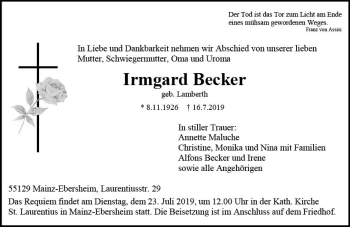 Traueranzeige von Irmgard Becker von vrm-trauer