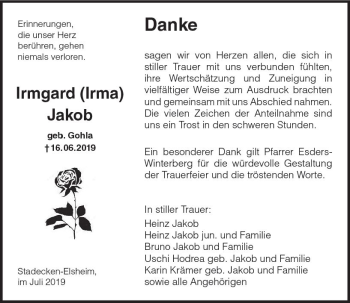 Traueranzeige von Irmgard Jakob von vrm-trauer