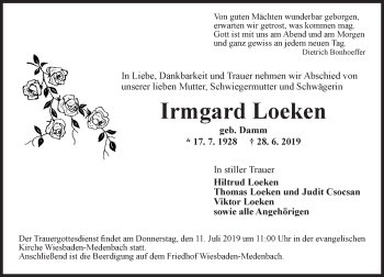 Traueranzeige von Irmgard Loeken von vrm-trauer