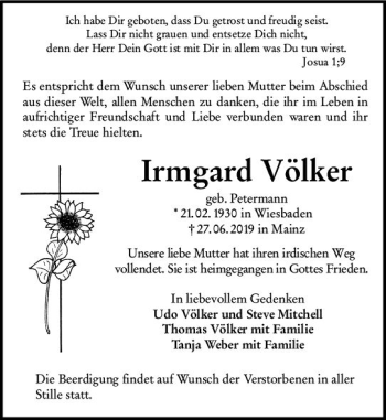 Traueranzeige von Irmgard Völker von vrm-trauer