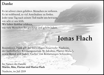 Traueranzeige von Jonas Flach von vrm-trauer
