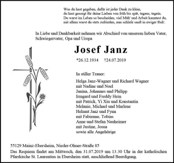 Traueranzeige von Josef Janz von vrm-trauer