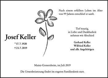 Traueranzeige von Josef Keller von vrm-trauer