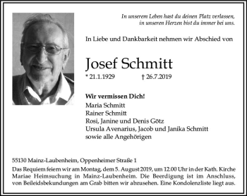 Traueranzeige von Josef Schmitt von vrm-trauer