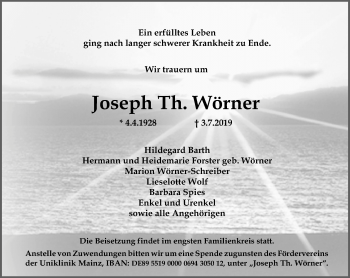 Traueranzeige von Joseph Th. Wörner von vrm-trauer