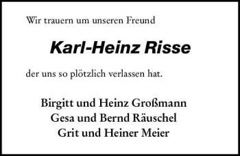 Traueranzeige von Karl-Heinz Risse von vrm-trauer