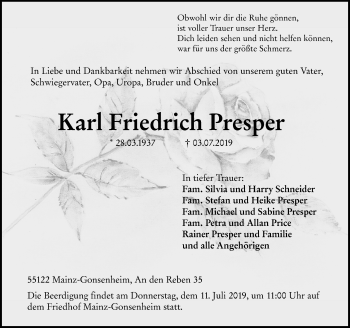 Traueranzeige von Karl Friedrich Presper von vrm-trauer
