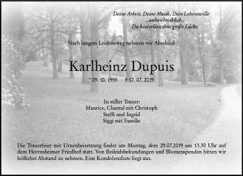 Traueranzeige von Karlheinz Dupuis von vrm-trauer