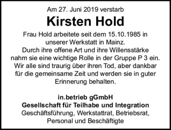 Traueranzeige von Kirsten Hold von vrm-trauer