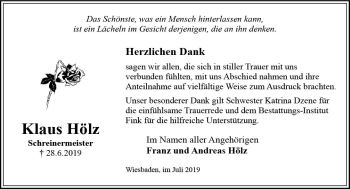 Traueranzeige von Klaus Hölz von vrm-trauer