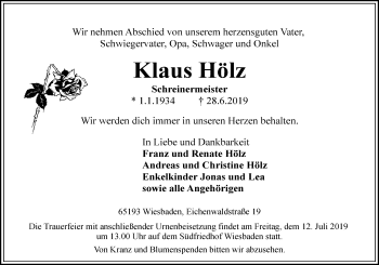 Traueranzeige von Klaus Hölz von vrm-trauer