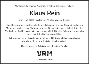 Traueranzeige von Klaus Rein von vrm-trauer