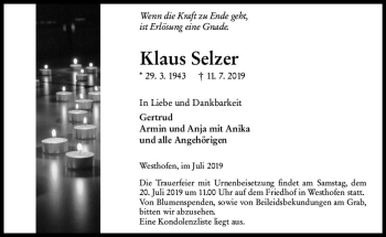 Traueranzeige von Klaus Selzer von vrm-trauer