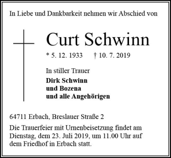 Traueranzeige von Curt Schwinn von vrm-trauer