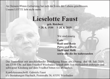 Traueranzeige von Lieselotte Faust von vrm-trauer
