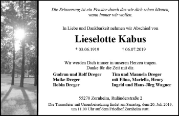 Traueranzeige von Lieselotte Kabus von vrm-trauer