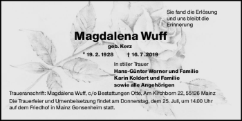 Traueranzeige von Magdalena Wuff von vrm-trauer
