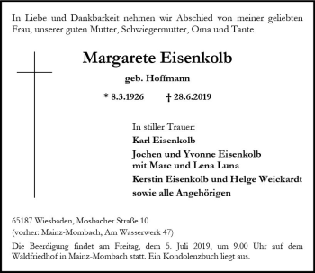 Traueranzeige von Margarete Eisenkolb von vrm-trauer