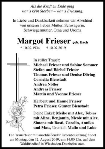Traueranzeige von Margot Frieser von vrm-trauer
