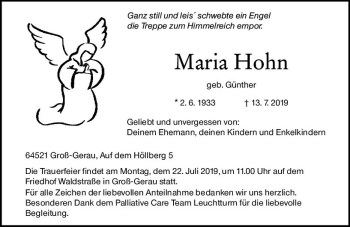 Traueranzeige von Maria Hohn von vrm-trauer