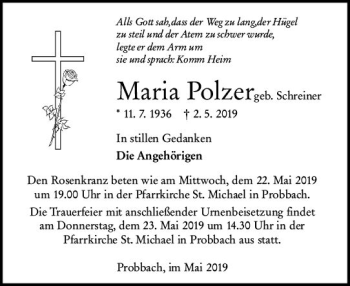 Traueranzeige von Maria Polzer von  WBT - Weilburger Tageblatt ()