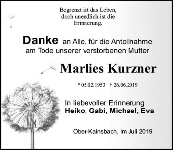 Traueranzeige von Marlies Kurzner von vrm-trauer