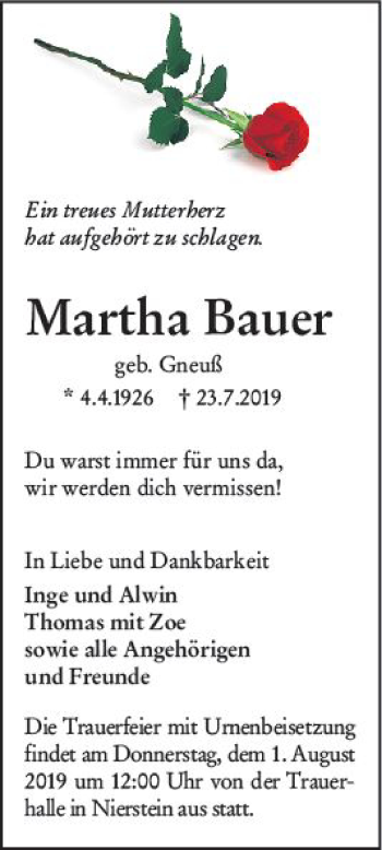 Traueranzeige von Martha Bauer von vrm-trauer