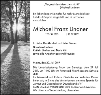 Traueranzeige von Michael Franz Lindner von vrm-trauer