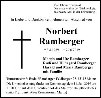 Traueranzeige von Norbert Ramberger von vrm-trauer